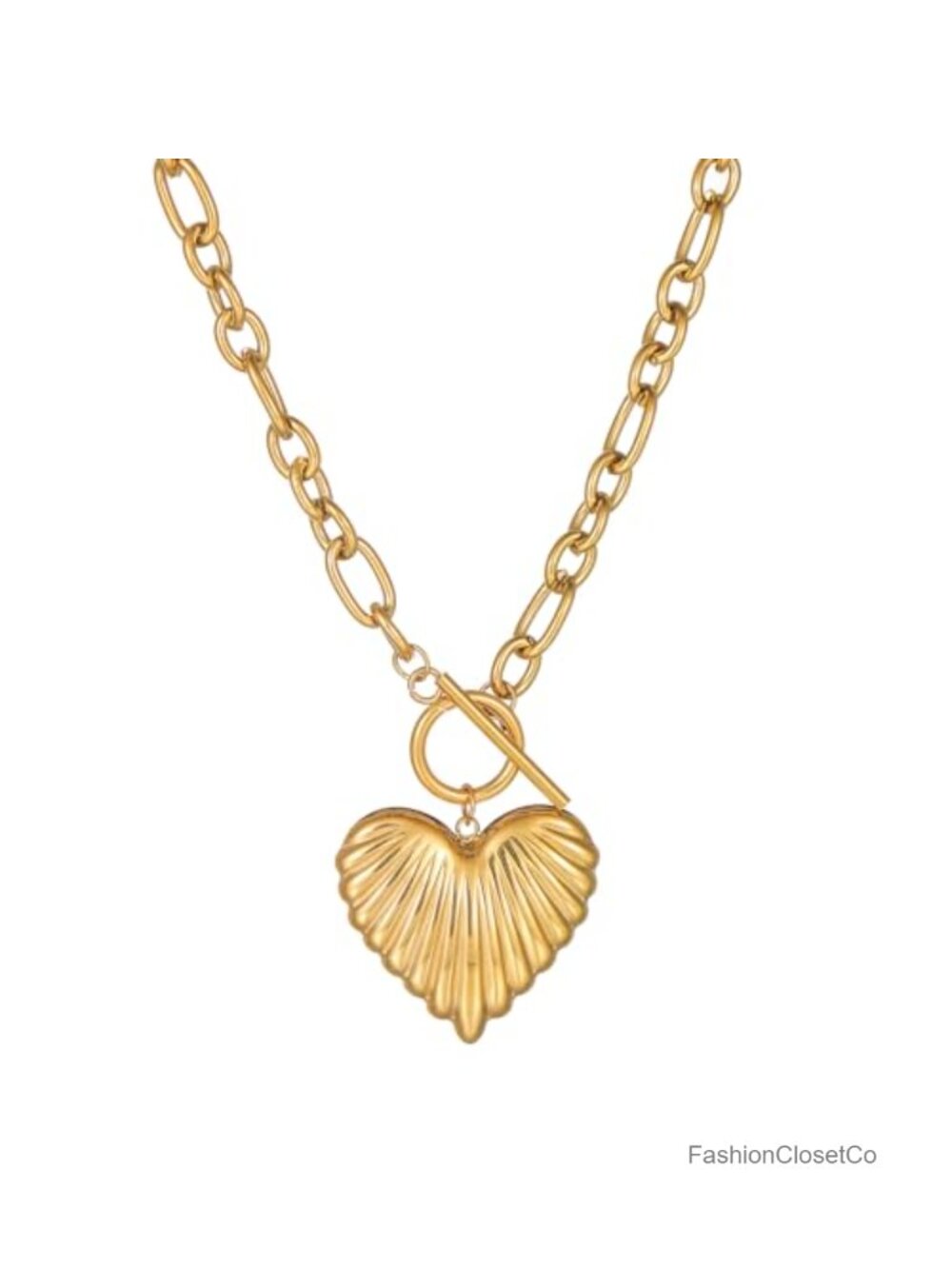 Chunky Gold Plated Heart Choker Necklace, Paperclip Chain Toggle Clasp, Women's